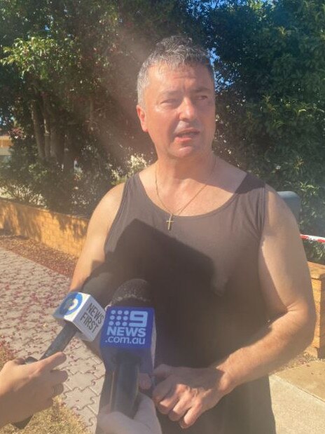 Mato Jelic and other neighbours rushed to extinguish the fire and help hose down the two victims before emergency crews arrived at a house fire at Brahma Lodge. Picture: Kate Lambe/Nine News Adelaide.