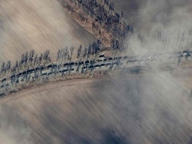 This Maxar satellite image taken and released on February 27, 2022, shows the Southern end of a deployment of Russian ground forces, moving troops and equipment, in Ivankiv, Ukraine. Picture: AFP