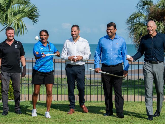 Amy Peterson Hockey NT president, NT Major Events acting chief executive Trevor Cox, Nova Peris, Hockey Australia chief executive David Pryles, Sport Minister Jinson Charls and Hockey NT chief executive Jason Butcher and announcing that Darwin will host the 2025 Oceania Cup in a return of international hockey to the NT. Picture: Pema Tamang Pakhrin