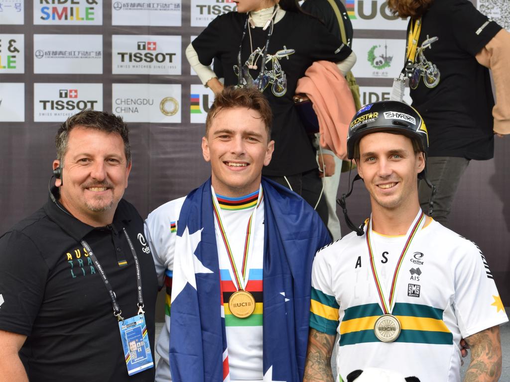 Former Toowoomba man Wade Bootes (left) congratulates Aussie riders Brandon Loupos and Logan Martin on their performances at the 2019 Freestyle World Championship team in China in November.PHOTO: Liam Quinlivan/Australian Cycling Team