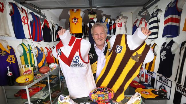 Footy jumper enthusiast Wayne Jordan has a private collection of footy jumpers but is thinking of opening up his collection to the public. Picture: David Caird