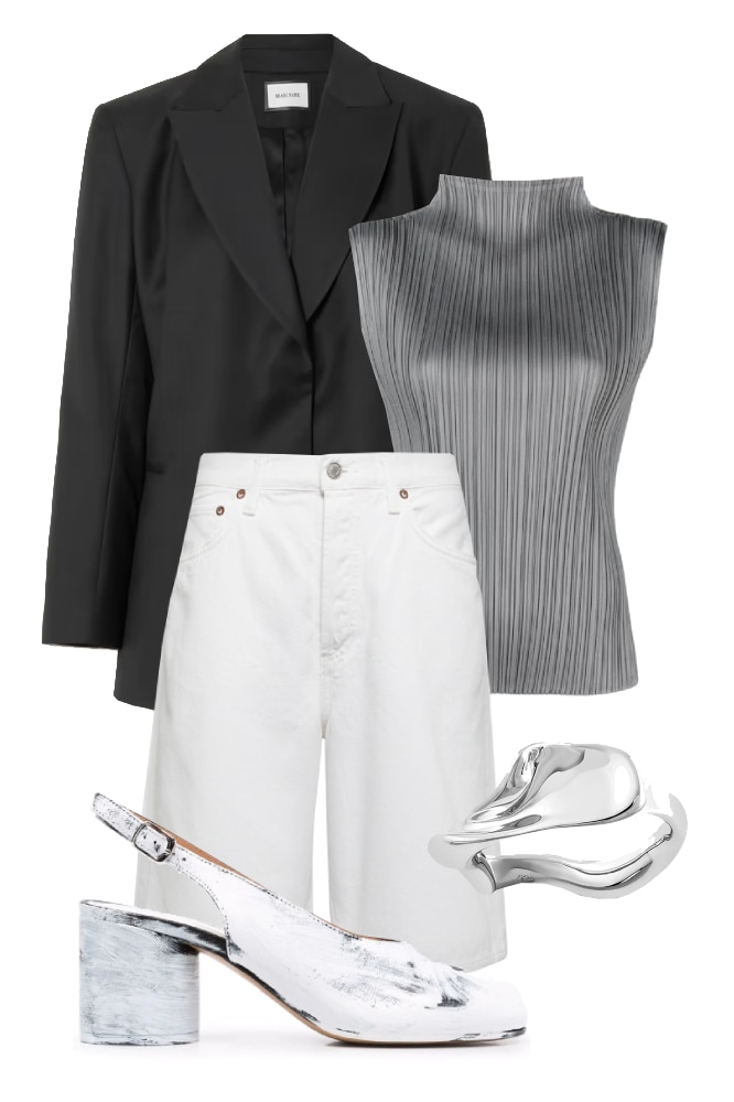 <h3><b>For the office</b></h3><p>Yes, you can make jorts work for your nine-to-five. Elevate your denim with simple, sophisticated pieces&mdash;a well-tailored black blazer, like this design from Beare Park, and a high-necked top courtesy of Pleats Pleats Issey Miyake&mdash;and complete the monochrome look with a pair of slingback heels. Let sculptural silver jewellery provide the finishing touch.</p><p><b>SHOP NOW: </b>Agolde denim shorts, $405 from <a href="https://www.mytheresa.com/au/en/women/agolde-denim-shorts-blue-p00863564?rrec=true" rel="nofollow noopener" target="_blank"><b>Mytheresa</b><b></b></a><b>&nbsp;</b></p><p><b>SHOP NOW: </b>Pleats Please Issey Miyake Mellow pleated tank top, $486 from <a href="https://www.farfetch.com/au/shopping/women/pleats-please-issey-miyake-mellow-pleated-tank-top-item-20474802.aspx" rel="nofollow noopener" target="_blank"><b>Farfetch</b></a></p><p><b>SHOP NOW: </b>Beare Park Oversized wool blazer, $716.43 (originally $1,432.86) from <a href="https://www.net-a-porter.com/en-au/shop/product/beare-park/clothing/blazers/oversized-wool-blazer/1647597295699925" rel="nofollow noopener" target="_blank"><b>Net-a-Porter</b></a></p><p><b>SHOP NOW:</b> Michael Hill Spirits Bay ring in sterling silver, $149 from <a href="https://www.theiconic.com.au/spirits-bay-ring-in-sterling-silver-1411394.html" rel="nofollow noopener" target="_blank"><b>The Iconic</b></a></p><p><b>SHOP NOW: </b>Maison Margiela Tabi 70mm pumps, $1,615 from <a href="https://www.farfetch.com/au/shopping/women/maison-margiela-tabi-70mm-pumps-item-16867152.aspx?lang=en-US&amp;size=9&amp;storeid=9954" rel="nofollow noopener" target="_blank"><b>Farfetch</b></a></p>