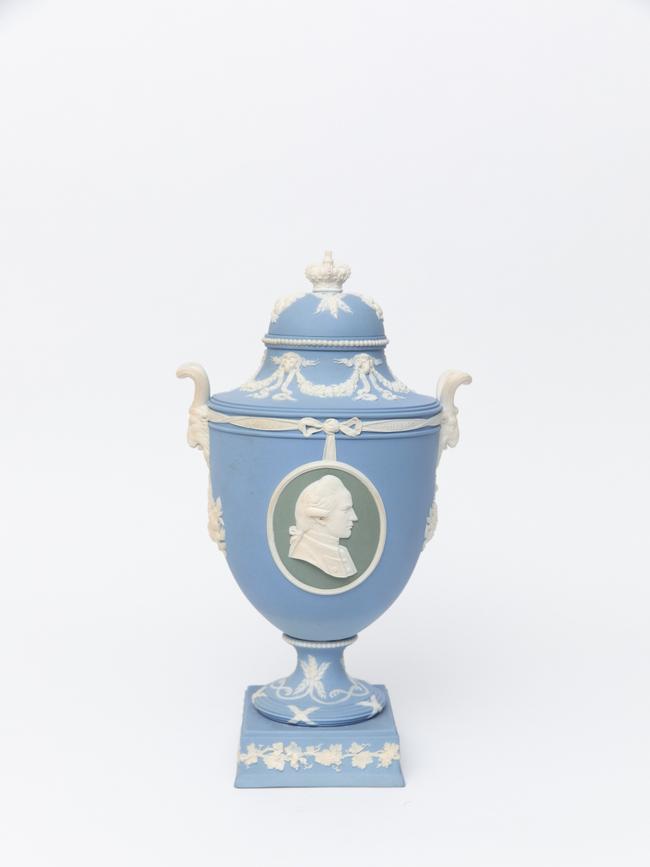 Wedgwood: Master Potter to the Universe exhibition. Wedgwood (Britain, established 1759), Australia Vase 1906, jasperware. Colin and Judy Jones Collection. Photograph: Cameron Clegg.