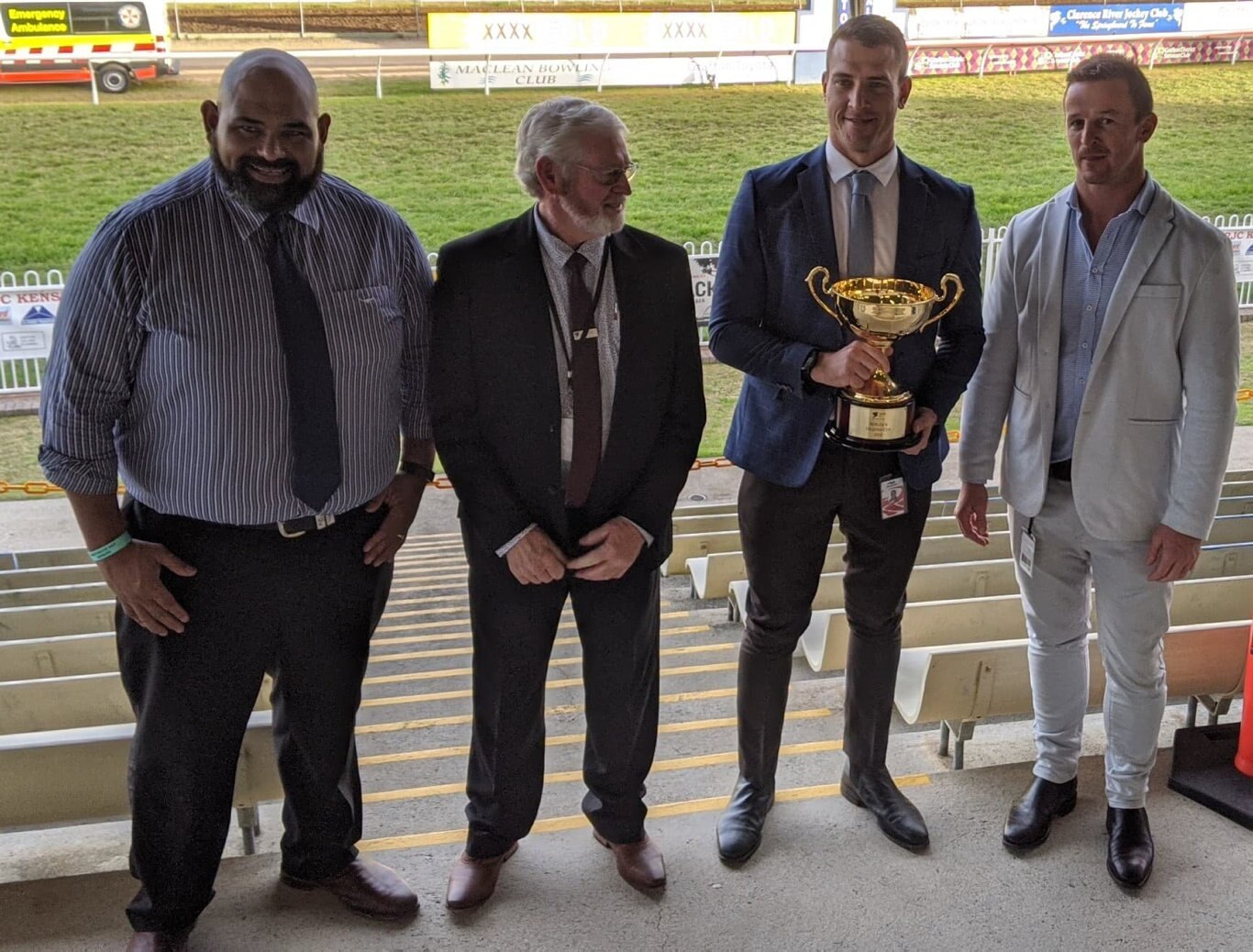 Iron Jack major sponsor representative Mark Singh with connection of the $200,000 Iron Jack Grafton Cup (2350m) winner Sixties Groove at Clarence River Jockey Club on Thursday, 9th July, 2020.