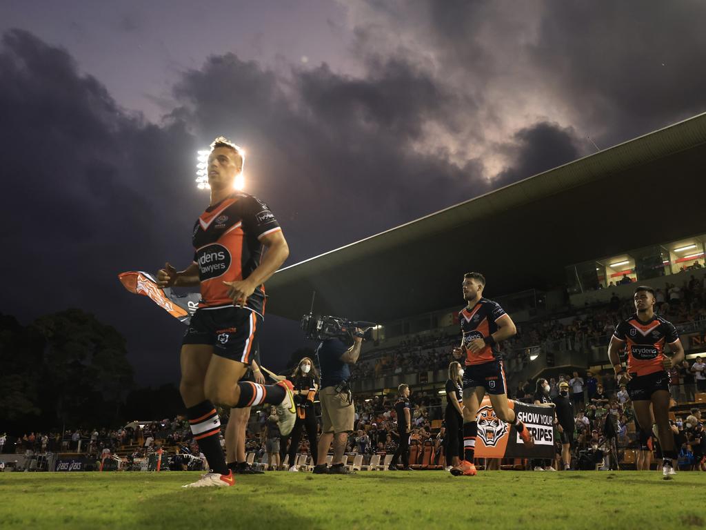 The Tigers run out for a pre-season trial clash against the Sea Eagles at Leichhardt Oval on February 18. Picture: Getty