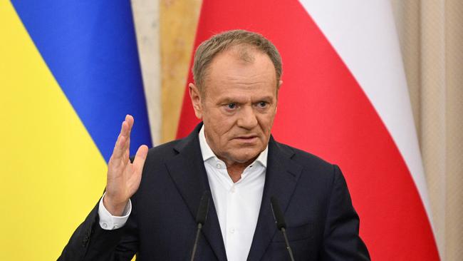 Poland's Prime Minister Donald Tusk gestures as he delivers a joint press conference with Ukraine's President in Lviv this month. Picture: AFP