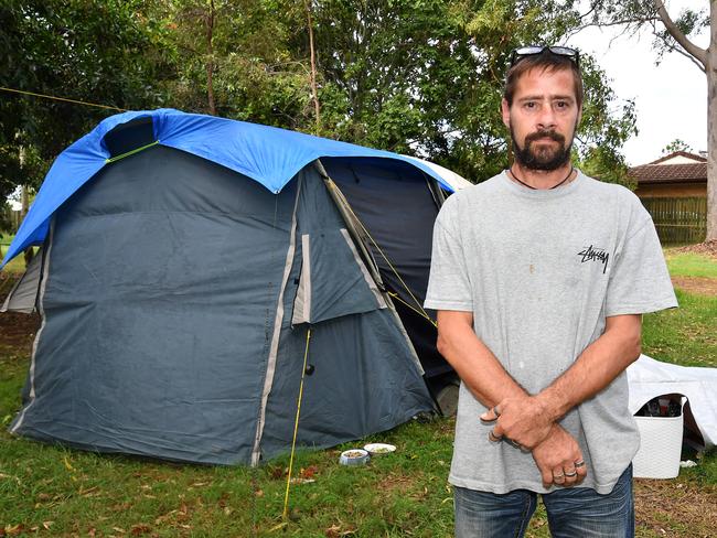 Zane McGill, the first man to pitch a tent at the Rothwell tent city.Cost of Living in Queensland.Monday March 11, 2024. Picture, John Gass