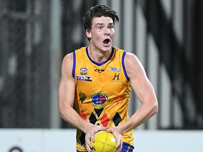 Wanderers’ Brodie Newman made an impact in his first game back for his side. Picture: Felicity Elliott / AFLNT Media