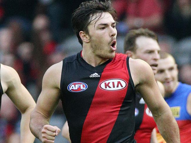 Essendon V Brisbane Lions at Etihad Stadium, 24th May , Melbourne Australia. Essendon's Michael Hibberd celebrates his goal in the third quarter Picture : George Salpigtidis