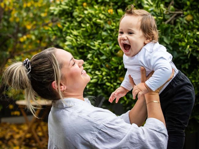 Juanita Flourentzou with with her two son Marco (11mo) at their Netley home. Picture: Tom Huntley