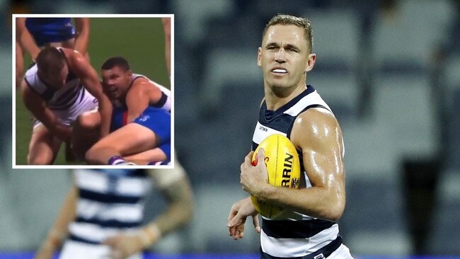 Joel Selwood makes contact with the head of Bulldog Bailey Dale (inset).