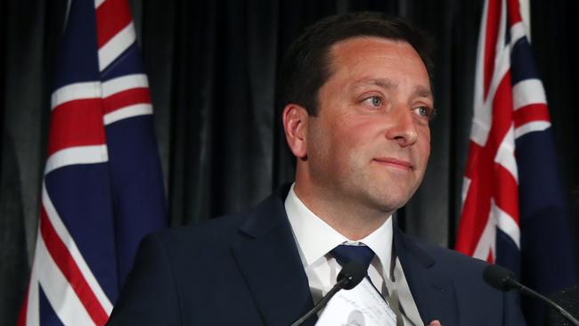 Leader of the Victorian Liberal party Matthew Guy announces defeat in the Victorian state election on Saturday night. Picture: AAP