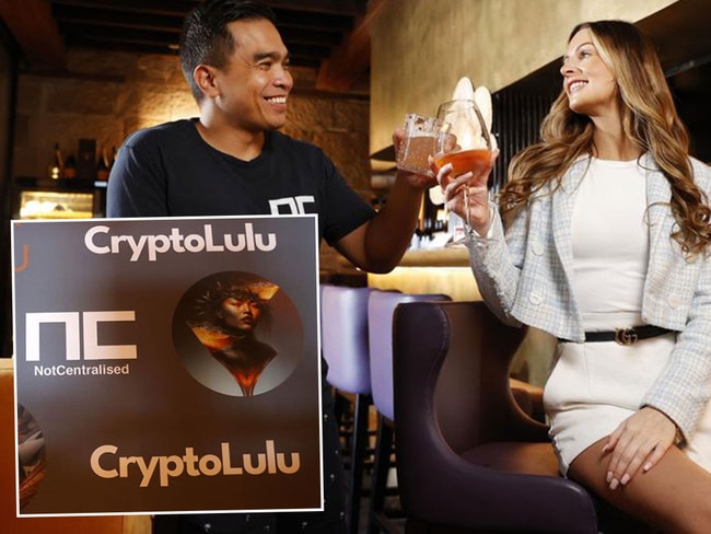 Bar LuLu in Circular Quay has launched Australia's first NFT membership bar, CrytoLulu. Natalie Hughes from Bar LuLu with Mark Monfort from NotCentralised, block chain experts who set up CryptoLuLu a NFT membership at Bar LuLu. Picture: Jonathan Ng