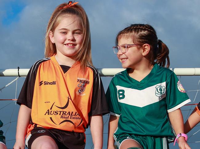 Jackson Sherlock, 5 , Patrick Howlett, 6, Rose Cook-Lewin, 7, Charlotte McGavin, 6, Henry Liebig, 6, ofBlacktown District Soccer Football Association, at Quakers Hill, today.Picture:Justin Lloyd