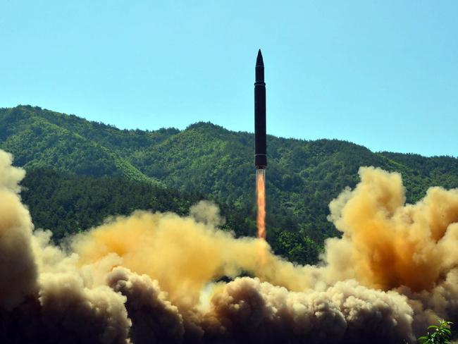A picture released by the North Korean regime purports to show the launch of the intercontinental ballistic missile Hwasong-14. Picture: AFP