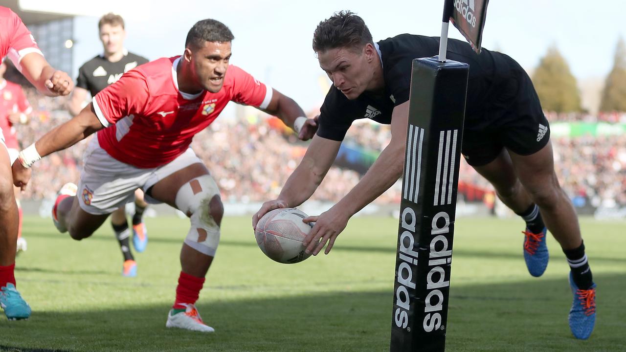 George Bridge of the All Blacks scores a try at FMG Stadium.