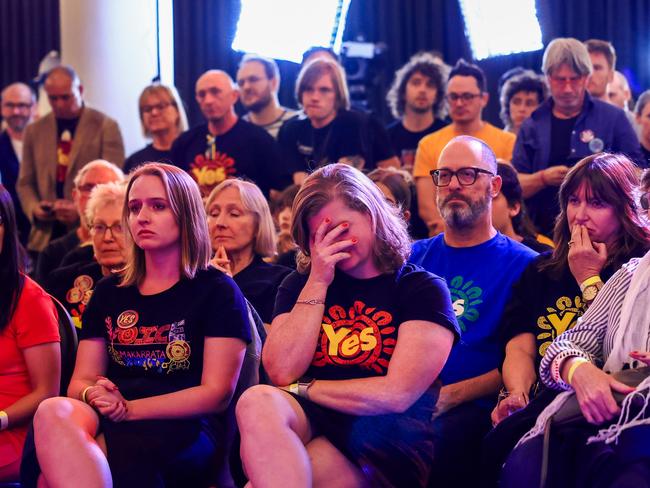 SYDNEY, AUSTRALIA - OCTOBER 14:  A woman reacts during a speech by Campaign Director of Yes 23 Dean Parkin at the Inner West for 'Yes2023' official referendum function at Wests Ashfield Leagues Club on October 14, 2023 in Sydney, Australia. A referendum for Australians to decide on an indigenous voice to parliament was held on October 14, 2023 and compelled all Australians to vote by law. Early voting began on Oct. 2, and activity has been intensifying in both the YES and NO camps, with multiple polls showing the YES campaign headed for defeat nationally. Australia requires a "double majority" of both the states and voters across the country to trigger constitutional changes, with most referendums in the past having failed. (Photo by Jenny Evans/Getty Images)