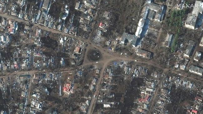 Damaged homes and buildings in Sumy, Ukraine. Picture: Maxar Technologies/AFP