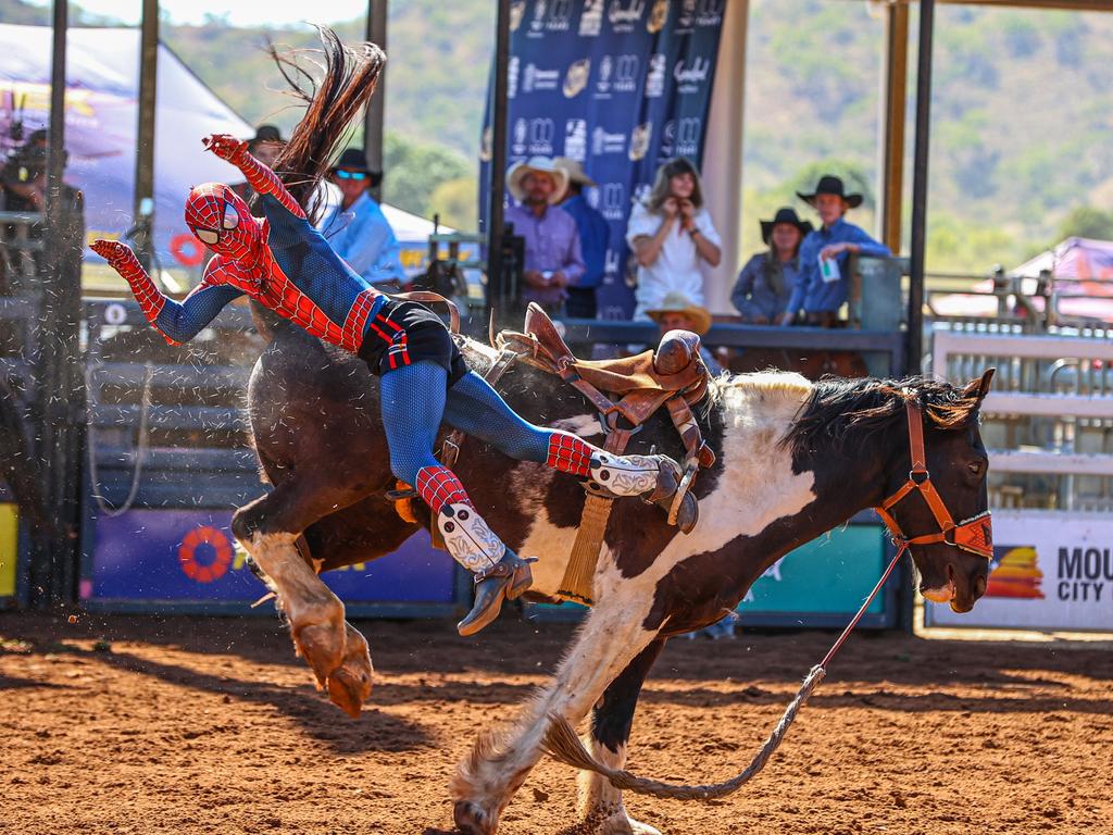 Queensland cowboy Bailey O’Dell, aka Spiderman, competing in the Superhero Bronc Ride at the Mount Isa Mines Rodeo over the weekend. Picture: Supplied