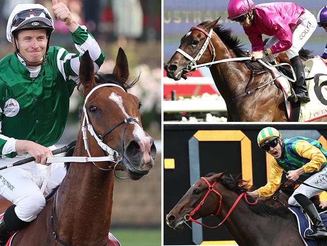 James McDonald and Via Sistina (left) reunite in Saturday's Group 1 Verry Elleegant Stakes at Royal Randwick, where they'll take on Fangirl (top right) and Ceolwulf. Pictures: Getty Images