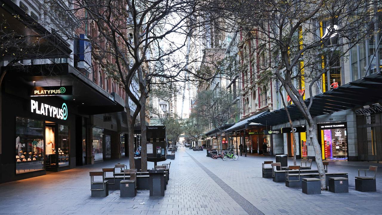 An empty Pitt Street Mall in Sydney. Picture: Richard Dobson