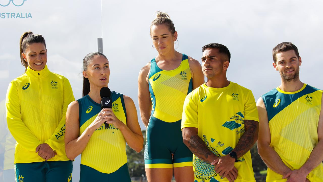 Unveiling of the Australian Olympic Team competition uniforms for Tokyo 2020; Lisa Darmanin (left) Katie Ebzery, Lucy Stephan, Maurice Longbottom, Tom O'Halloran attend the launch.