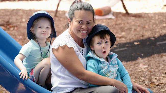 Emma Mclean Kindergarten lead educator Elizabeth Leading with Scarlett and Alexander. Picture: Lawrence Pinder