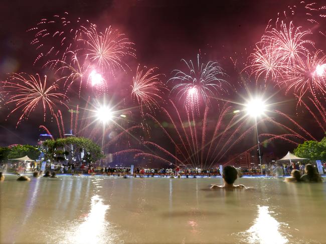 Fireworks over the South Bank Lagoon at New Years Eve, South Brisbane. Picture: Steve Pohlner