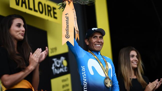 Colombia's Nairo Quintana celebrates his victory on the podium of the 18th stage of the Tour de France Picture: AFP