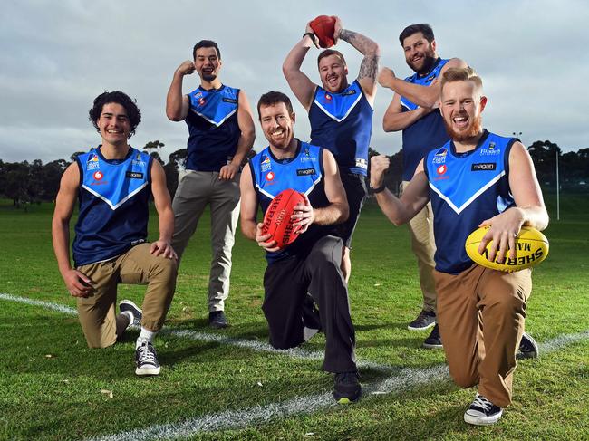 30/06/19 - Footy club Flinders University Crabs ended their two-year winless streak yesterday.  Players Riley Perry, Rhett Perry, Dean Schofield, Brayden Lane, David Moyle (captain) and Jordan Marsden.Picture: Tom Huntley