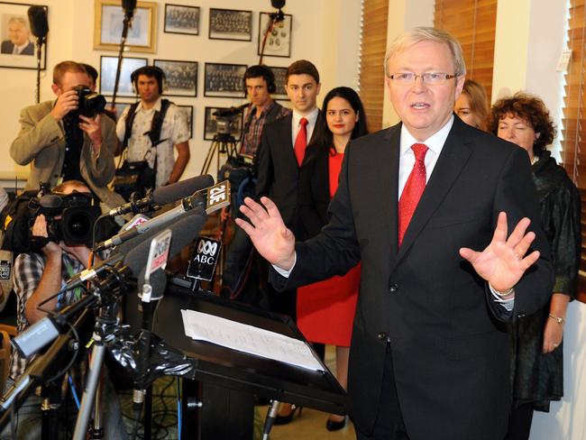 Kevin Rudd gestures during a press conference following the Labor leadership challenge at Parliament House, February 27, 2012. Picture: AFP/Torsten Blackwood