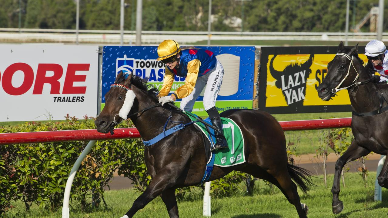 Carly Frater guides the Rex Lipp trained Supersonic Boom to victory in today’s Class 5 Handicap at Clifford Park. Picture: Kevin Farmer