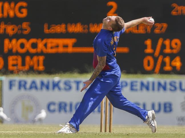 Premier Cricket: Frankston Peninsula v Ringwood. Frankston Peninsula bowler Jackson Mockett. Picture: Valeriu Campan