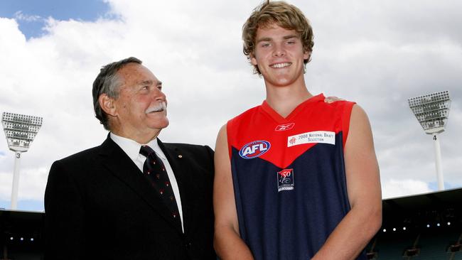 Jack Watts with Melbourne legend Ron Barassi soon after joining the Demons with pick No.1 in the national draft.