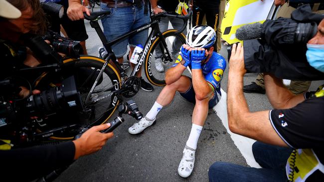 Cavendish breaks down after a stage win in 2021. Picture: Getty