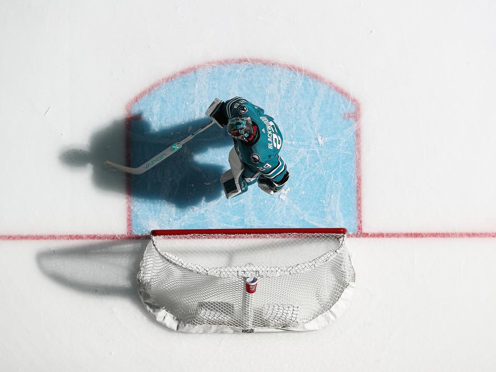 MacKenzie Blackwood of the San Jose Sharks takes to the ice before the game against the Philadelphia Flyers in California. Picture: Kavin Mistry/NHLI via Getty Images