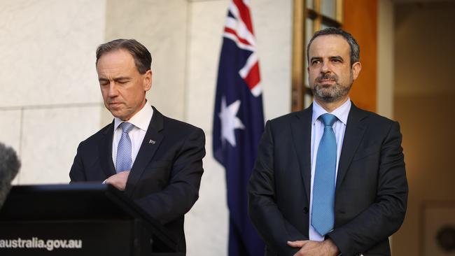 Greg Hunt Minister for Health and Dr Omar Khorshid, Australian Medical Association President during a press conference at Parliament House in Canberra. Picture: NCA NewsWire / Gary Ramage