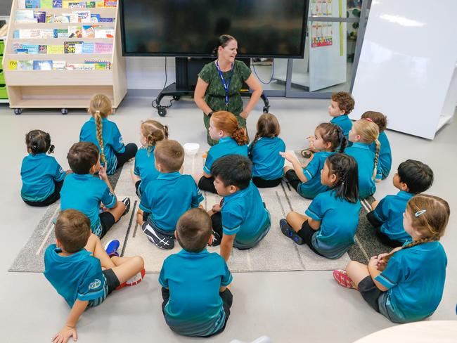 Transition teacher Nicole Robson and her class on the first day of school at Zuccoli Primary.Picture GLENN CAMPBELL