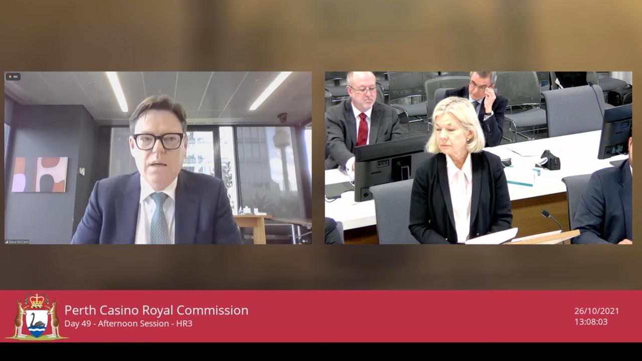 Crown Resorts’ new boss, Steve McCann, fronting the Perth royal commission on Tuesday, pictured with counsel assisting Patricia Cahill. Picture: Wa.gov.au via NCA NewsWire