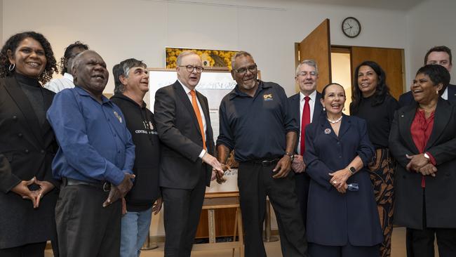 L-R: Helen Daiyi, Gibson Farmer Illortaminni, Thomas Amagula, Matthew Palmer, Prime Minister Anthony Albanese, Dr Bush Blanasi, Mark Dreyfus, Minister Linda Burney, Josie Douglas, Marion Scrymgour, Gordon Reid at the unveiling of the Barunga Voice Declaration at Parliament House in Canberra. Picture: NCA NewsWire / Martin Ollman