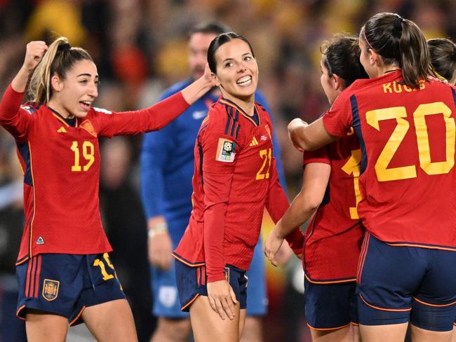 Goal scorer Olga Carmona celebrates with teammates. Picture: Izhar KHAN / AFP.