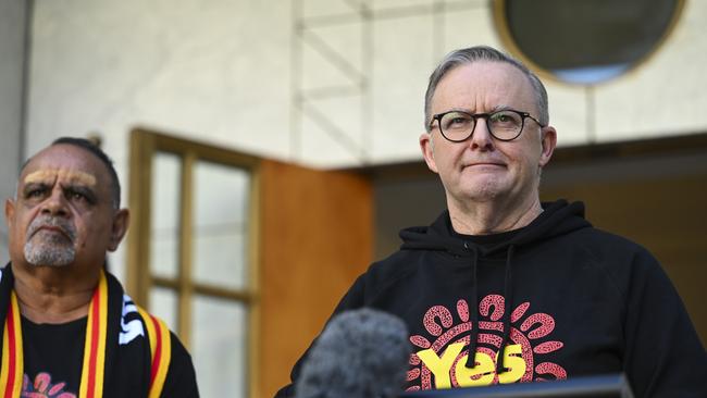 Anthony Albanese, with AFL legend Michael Long, is under pressure to help Yes23 win the October 14 referendum. Picture: Martin Ollman / NCA NewsWire