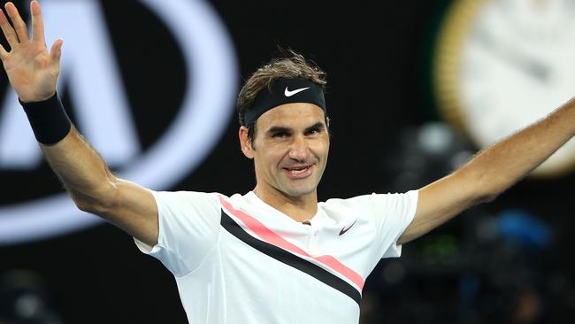 Roger Federer celebrates winning his quarter-final match against Tomas Berdych. Picture: AP