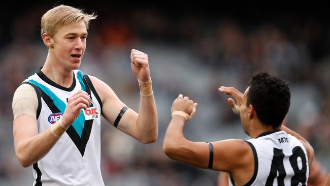 Todd Marshall of the Power (left) celebrates a goal with Lindsay Thomas in the win over Carlton. Picture: Getty Images