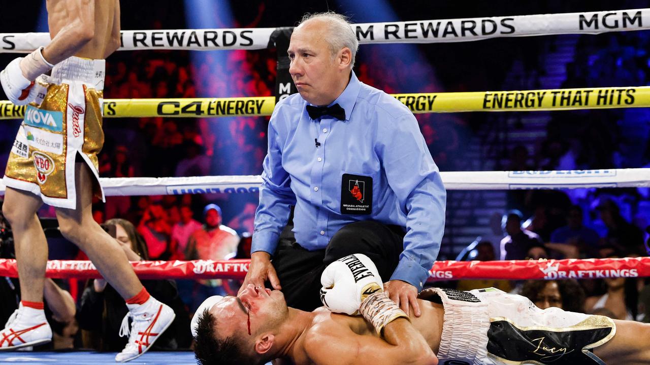 LAS VEGAS, NEVADA - MAY 20: Andrew Moloney of Australia is TKO'd by Junto Nakatani of Japan during their junior bantamweight bout at MGM Grand Garden Arena on May 20, 2023 in Las Vegas, Nevada. Sarah Stier/Getty Images/AFP (Photo by Sarah Stier / GETTY IMAGES NORTH AMERICA / Getty Images via AFP)