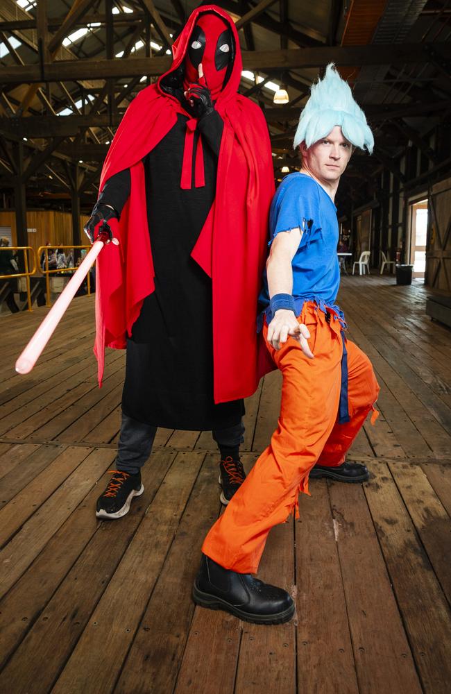 Matthew Tew (left) as Darth Deadpool and Jeremy Whitnall as Super Saiyan Blue at Comic-Geddon at The Goods Shed, Sunday, June 25, 2023. Picture: Kevin Farmer