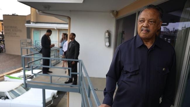 Rev. Jesse Jackson visits the balcony outside room 306 at the Lorraine Motel, where he was when Dr. Martin Luther King, Jr. was assassinated. Picture: Getty Images.