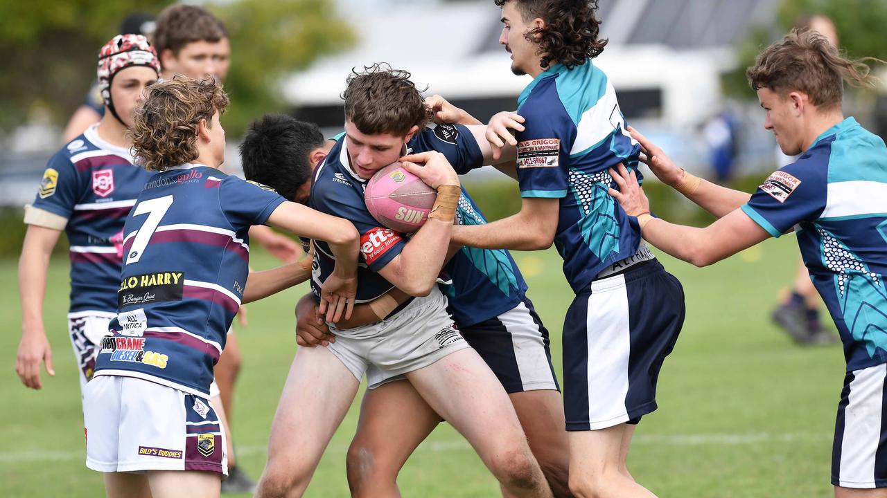 RUGBY LEAGUE: Justin Hodges and Chris Flannery 9s Gala Day. Mountain Creek State High (white shorts) V Morayfield State High, year 10. Picture: Patrick Woods.