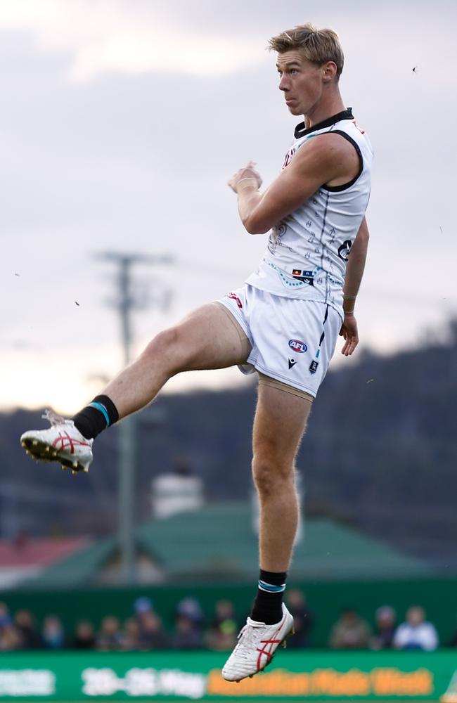 Todd Marshall kicks one of his five goals on Saturday. Picture: Michael Wilson/AFL Photos via Getty Images.