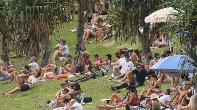 Hundreds of people crowded Burleigh Headland to watch competitors in the Burleigh Single Fin Classic. Picture by Scott Fletcher.